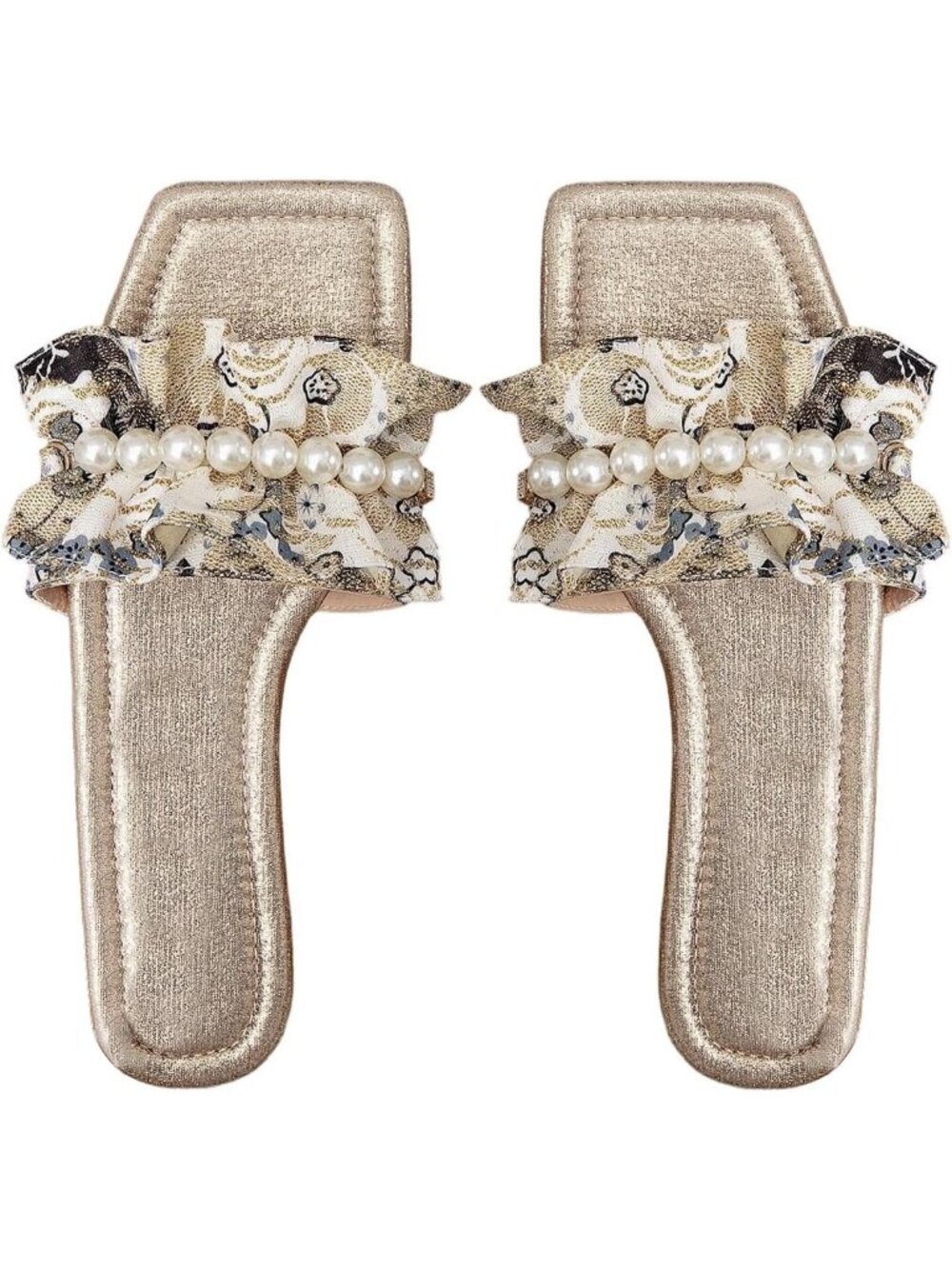 Women's Multicolor Summer Ruffle Pearl Wedding Square Toe Slip on Flat Slipper